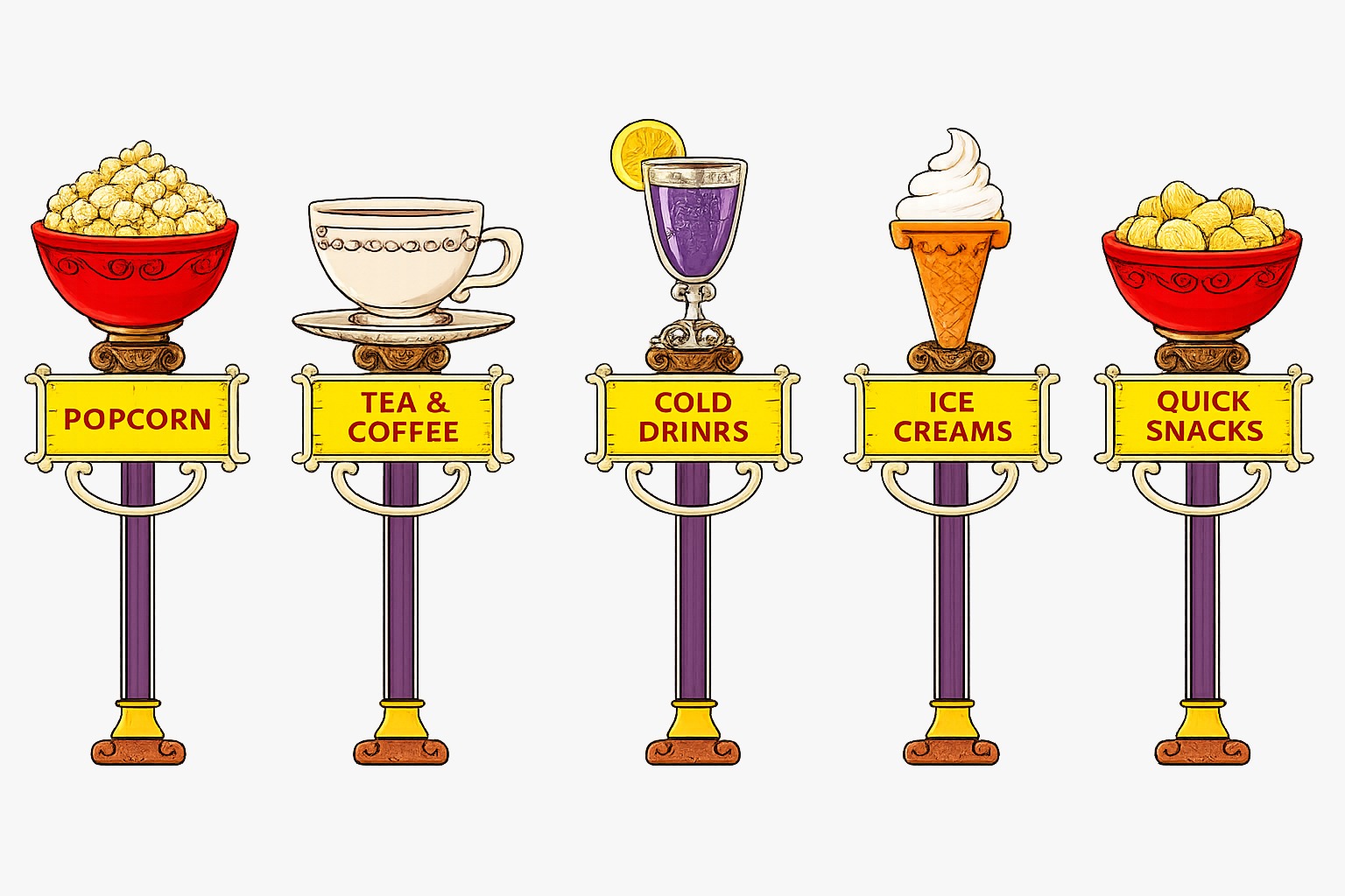 Popcorn, tea & coffee, cold drinks, ice cream and quick snacks signposts
